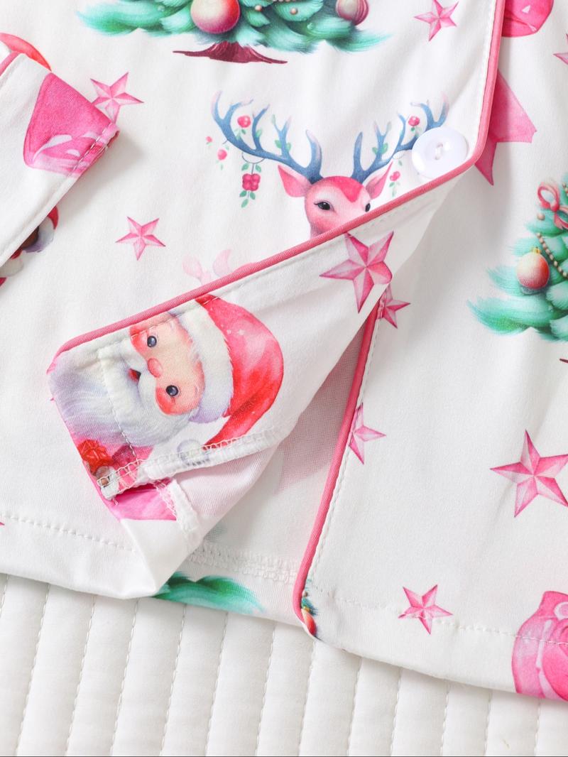 Two-piece Set Women's Christmas Print Button Front Pocket Shirt & Elastic Waist Pants Pyjama, Casual Comfy Long Sleeve Collared Top & Trousers Pyjama Set, Women's Sleepwear for Spring & Fall