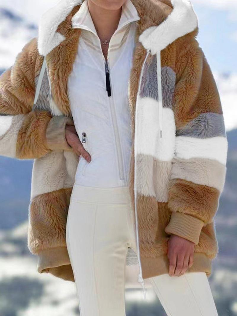 Women's Colorblock Drop Shoulder Hooded Polar Fleece Coat, Fashion Casual Long Sleeve Zip Up Warm Outerwear For Daily Outdoor Wear, Women's Clothing, Jackets