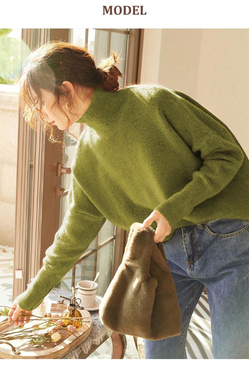 Autumn Winter Women's Knit Sweater High Neck Loose Casual French Style Elegant Simple Solid Color Pullover Long Sleeve Top