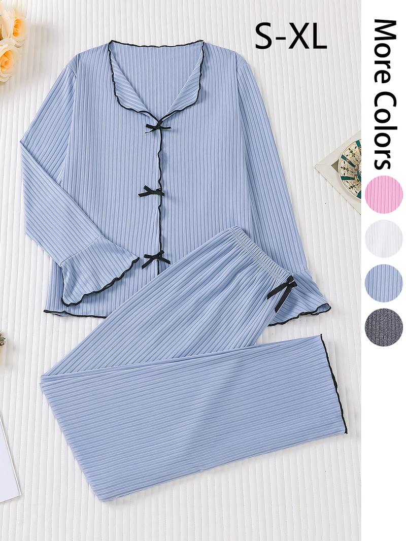Women's Long Sleeve Top & Pants Pajama Set, Casual Comfy Bow Top & Trousers Pajama Set, Ladies Sleepwear for All Seasons