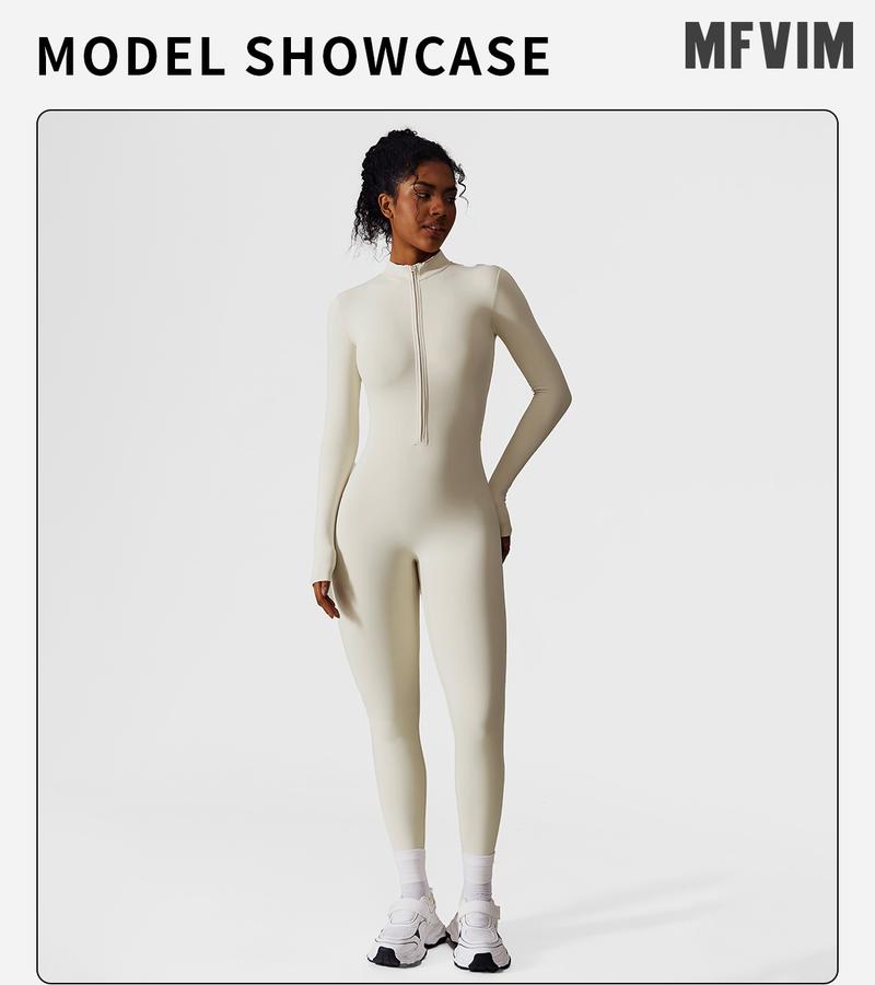 Women's Solid Zip-Up Skiing Jumpsuit by MFVIM - Casual Sporty Long-Sleeve Jumpsuit for Skiing and Cycling, Ladies' Activewear for Fall and Winter Workout Gym Clothing