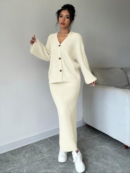 Women's Solid Button Front Sweater & Long Skirt Two-piece Set, Casual Drop Shoulder Long Sleeve Knit Top & High Waist Skirt for Daily Outdoor Wear, Women's Knitwear for Fall & Winter