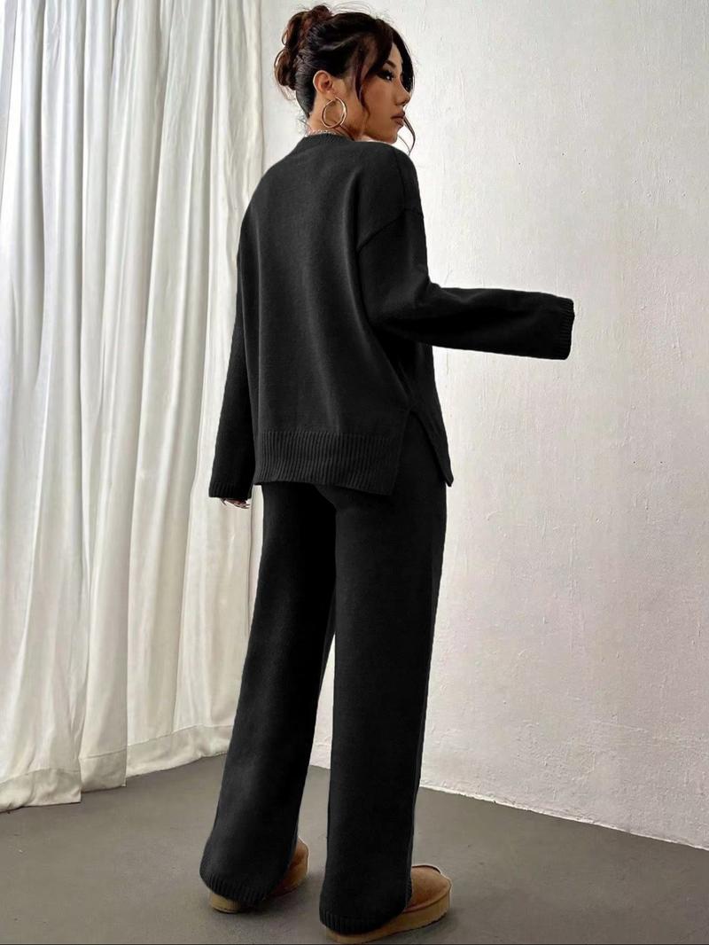 Women's Solid Drop Shoulder Split Hem Sweater & Elastic Waist Straight Leg Pants Two-piece Set, Casual Fashion Cozy Knitwear Set for Daily Outdoor Wear, Women Knitwear for Fall & Winter, Womenswear