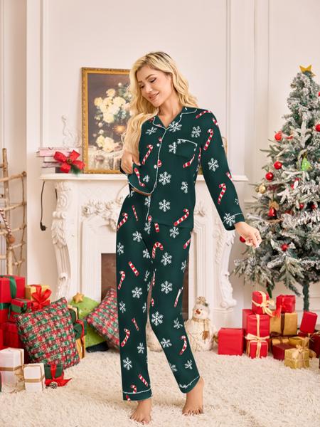 Women's Snowflake Cane Christmas Print Pajama Set, Long Sleeve Sleepwear, Comfortable Nightwear, All Seasons, Perfect Gift