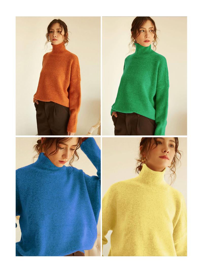 Autumn Winter Women's Knit Sweater High Neck Loose Casual French Style Elegant Simple Solid Color Pullover Long Sleeve Top