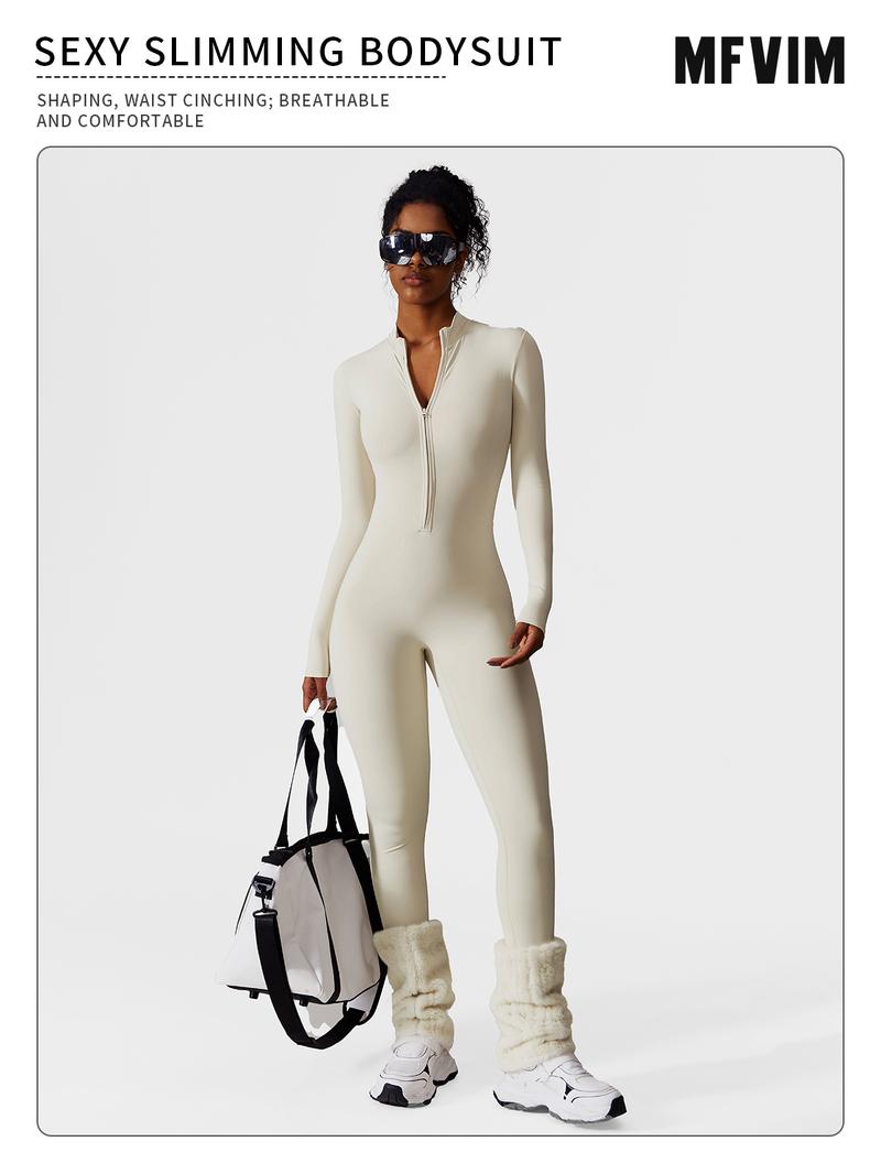 Women's Solid Zip-Up Skiing Jumpsuit by MFVIM - Casual Sporty Long-Sleeve Jumpsuit for Skiing and Cycling, Ladies' Activewear for Fall and Winter Workout Gym Clothing