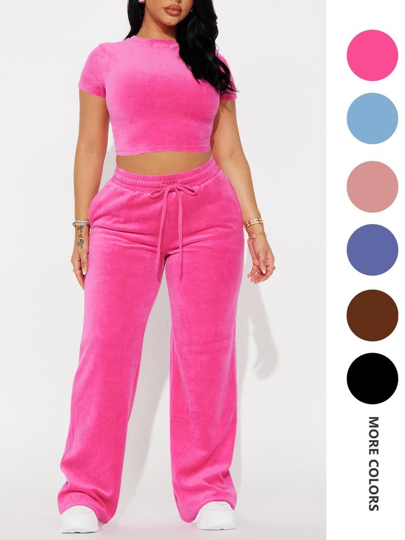 SMSN Women's Solid Tee & Pants 2 Piece Co-ord Set Casual Subtle Flexibility Comfortable Fabric Round Neck Crop Top & Trousers for Daily Wear Minimalist Basic Crewneck Shortsleeve Matching Sets for Women Womenswear Clothes