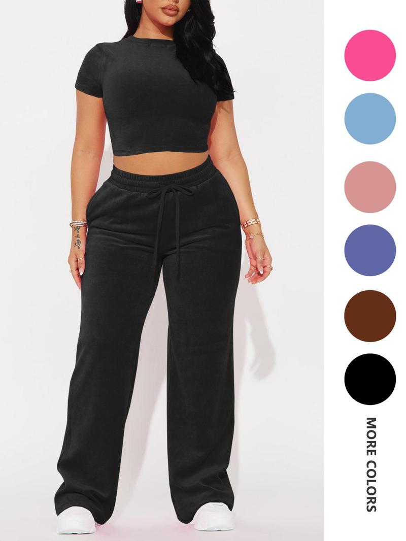 SMSN Women's Solid Tee & Pants 2 Piece Co-ord Set Casual Subtle Flexibility Comfortable Fabric Round Neck Crop Top & Trousers for Daily Wear Minimalist Basic Crewneck Shortsleeve Matching Sets for Women Womenswear Clothes
