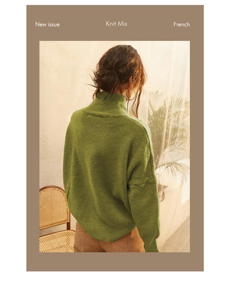 Autumn Winter Women's Knit Sweater High Neck Loose Casual French Style Elegant Simple Solid Color Pullover Long Sleeve Top