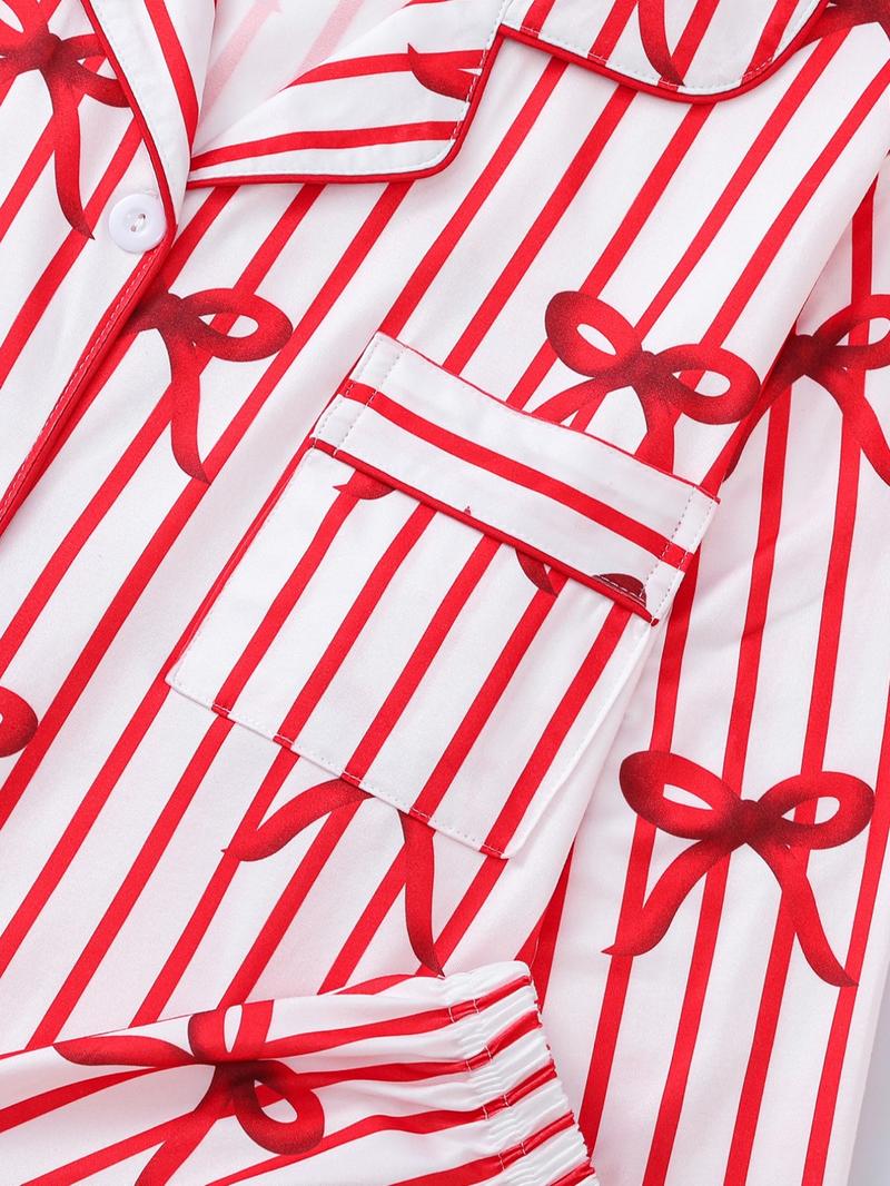 Two-piece Set Women's Bow Print Button Front Pocket Shirt & Elastic Waist Pants Pajama, Casual Comfy Long Sleeve Lapel Neck Top & Trousers Pj Set, Ladies Sleepwear for Spring & Fall