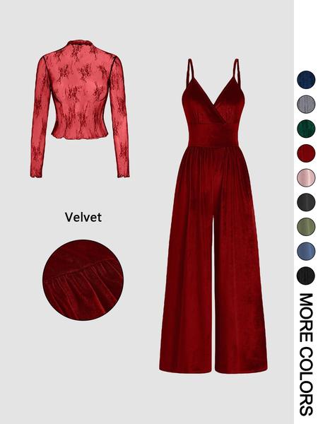 Women's Solid Color Lace Tee & Pocket Jumpsuit Two-piece Set, Elegant Fashion Casual Zipper Back Cami Jumpsuit & Long Sleeve Top for Daily Outdoor Wear, Women's Clothing for Spring & Fall