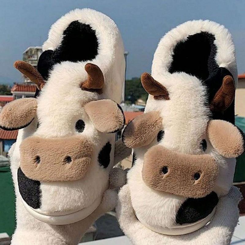 Cozy Cotton Cow Slippers for Women - Cute Animal Bedroom Shoes Winter Indoor Outdoor Slippers for Women