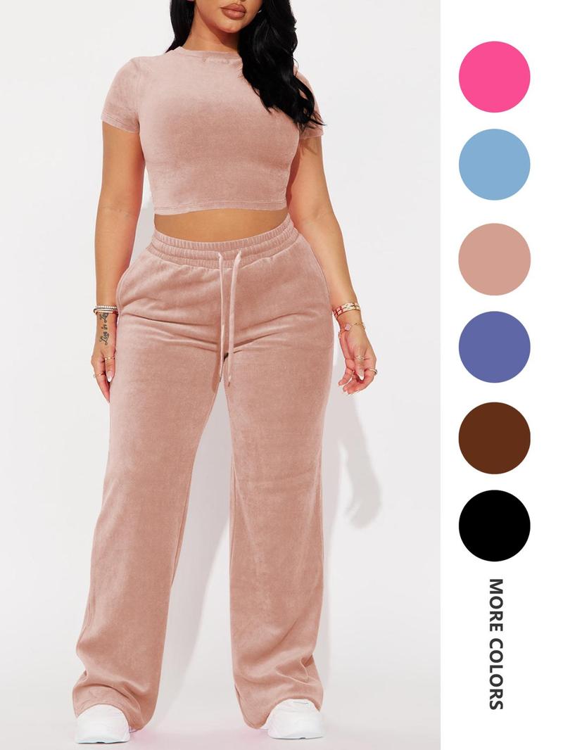 SMSN Women's Solid Tee & Pants 2 Piece Co-ord Set Casual Subtle Flexibility Comfortable Fabric Round Neck Crop Top & Trousers for Daily Wear Minimalist Basic Crewneck Shortsleeve Matching Sets for Women Womenswear Clothes