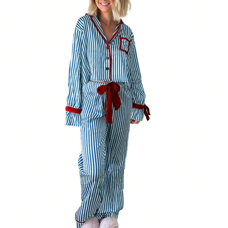 Womens Striped Pajama Set Long Sleeve Button-Up Crop Tops Bow Long Pants 2 Piece Sleepwear Outfit