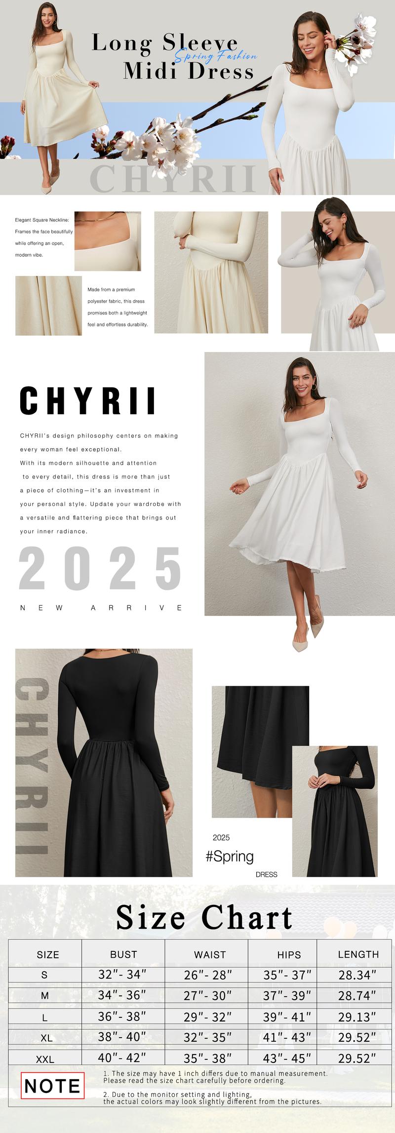 CHYRII Women’s 2025 Spring Square Neck Long Sleeve A-Line Midi Dress