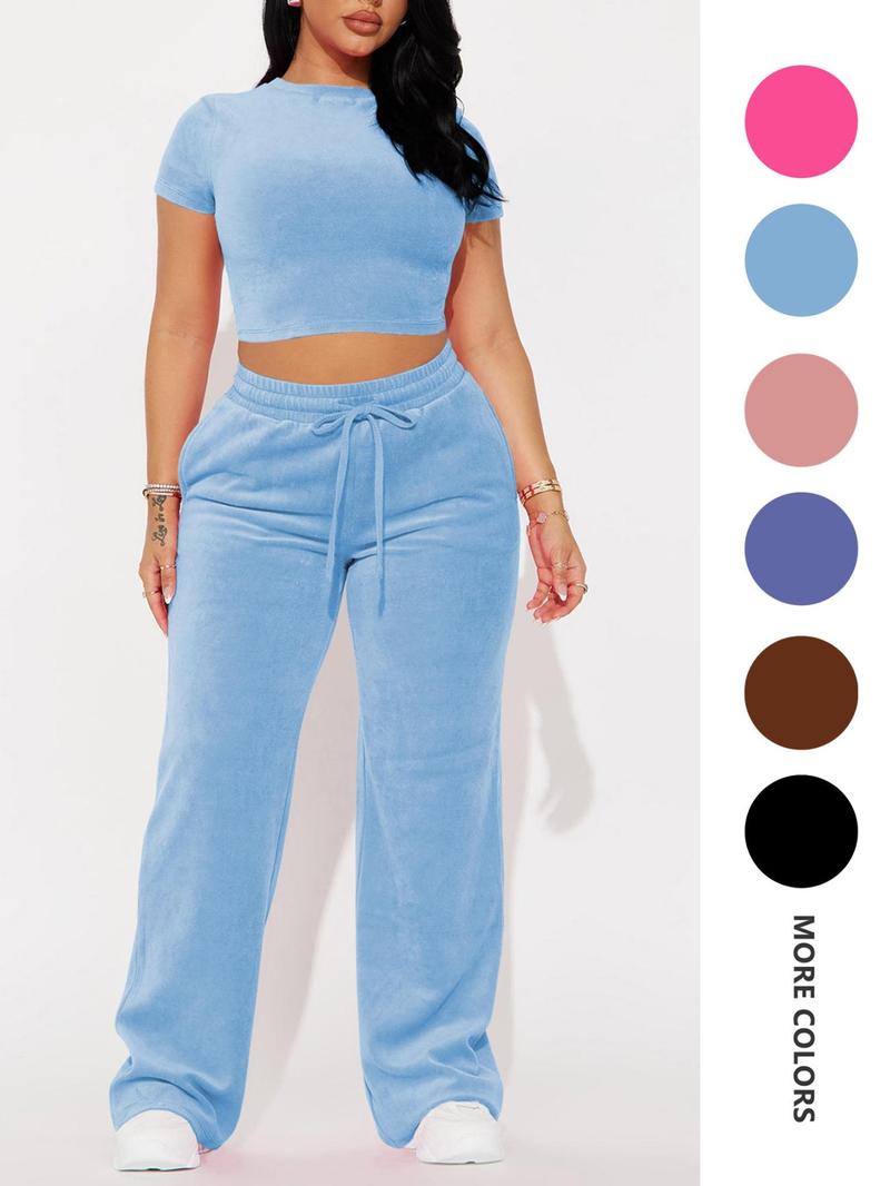 SMSN Women's Solid Tee & Pants 2 Piece Co-ord Set Casual Subtle Flexibility Comfortable Fabric Round Neck Crop Top & Trousers for Daily Wear Minimalist Basic Crewneck Shortsleeve Matching Sets for Women Womenswear Clothes