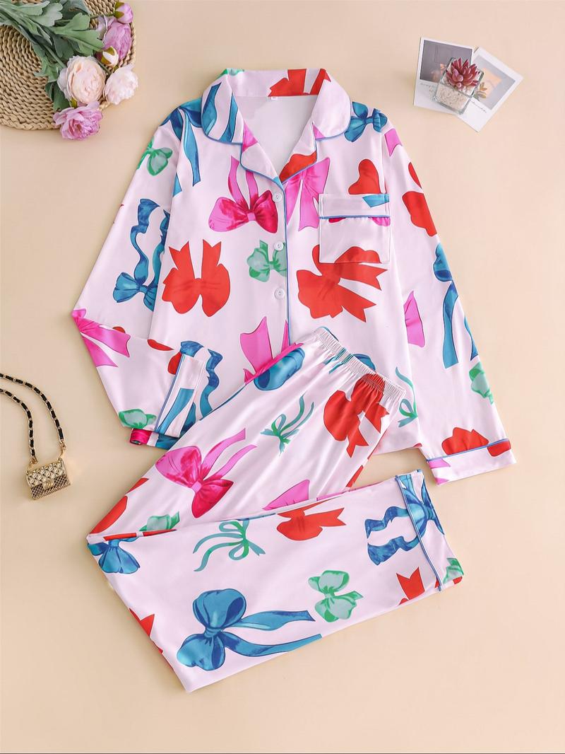 Two-piece Set Women's Christmas Print Button Front Pocket Shirt & Elastic Waist Pants Pyjama, Casual Comfy Long Sleeve Collared Top & Trousers Pyjama Set, Women's Sleepwear for Spring & Fall