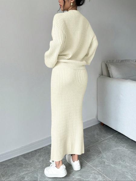 Women's Solid Button Front Sweater & Long Skirt Two-piece Set, Casual Drop Shoulder Long Sleeve Knit Top & High Waist Skirt for Daily Outdoor Wear, Women's Knitwear for Fall & Winter