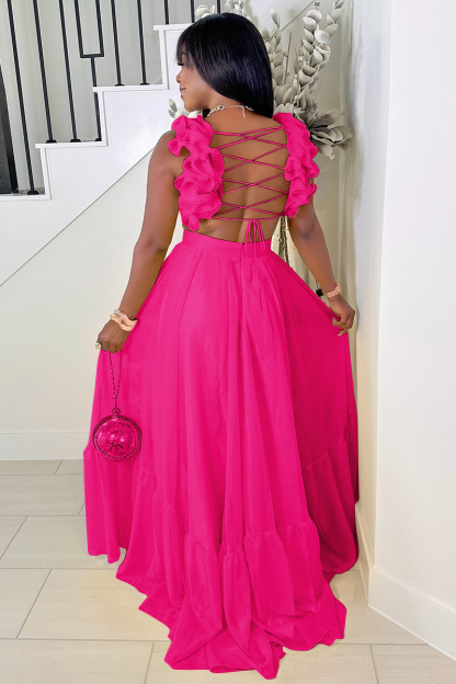 Ruffled Lace Up Backless Deep V Neck Tiered Maxi Dresses-Yellow