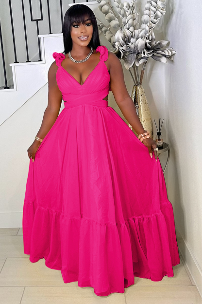 Ruffled Lace Up Backless Deep V Neck Tiered Maxi Dresses-Yellow