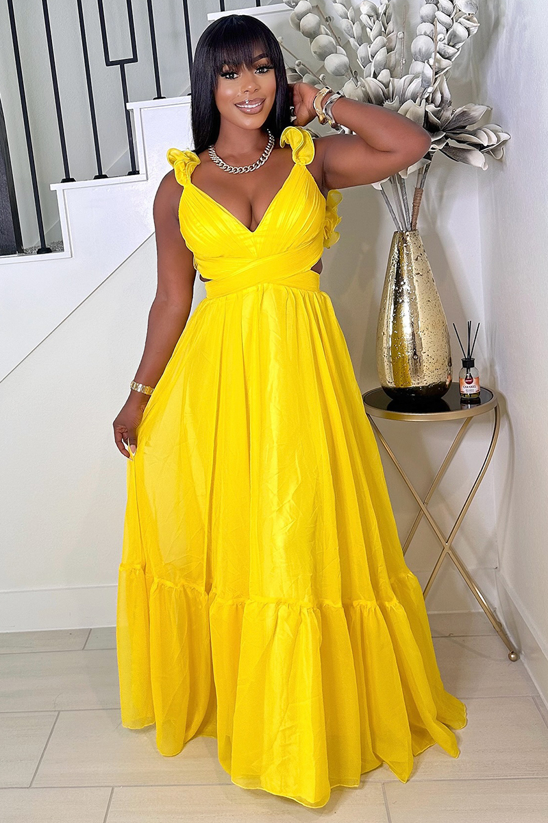 Ruffled Lace Up Backless Deep V Neck Tiered Maxi Dresses-Yellow