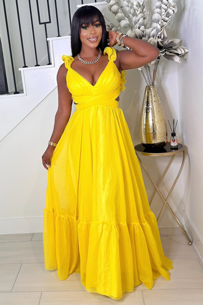 Ruffled Lace Up Backless Deep V Neck Tiered Maxi Dresses-Yellow