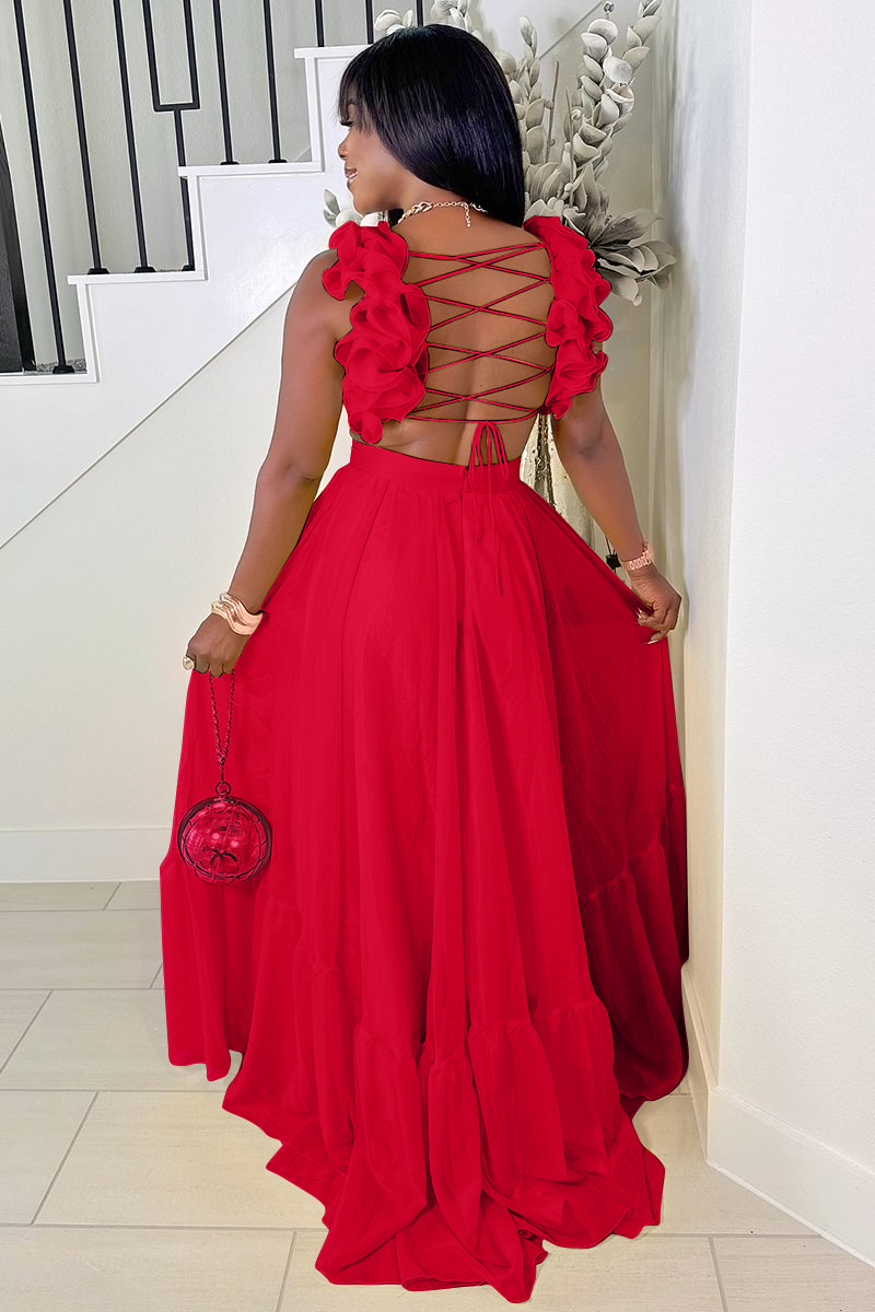 Ruffled Lace Up Backless Deep V Neck Tiered Maxi Dresses-Yellow