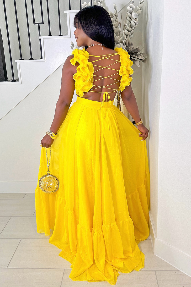 Ruffled Lace Up Backless Deep V Neck Tiered Maxi Dresses-Yellow