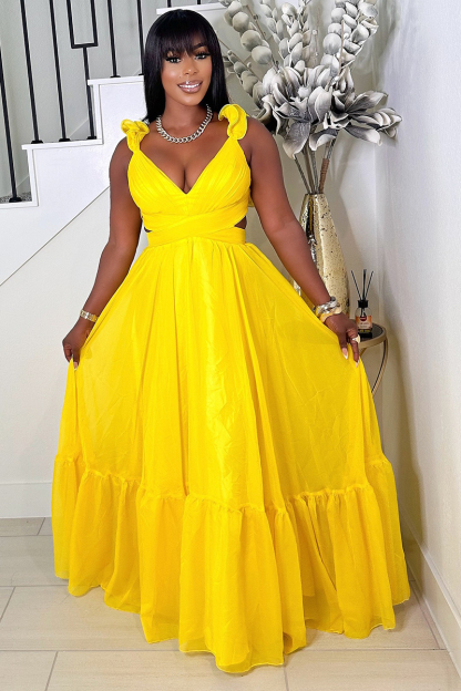 Ruffled Lace Up Backless Deep V Neck Tiered Maxi Dresses-Yellow