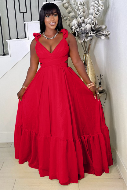 Ruffled Lace Up Backless Deep V Neck Tiered Maxi Dresses-Yellow