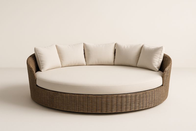 Divano Rotondo in Rattan Sintetico con Cuscini Beige