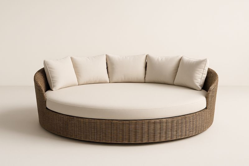 Divano Rotondo in Rattan Sintetico con Cuscini Beige