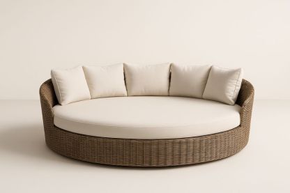 Divano Rotondo in Rattan Sintetico con Cuscini Beige