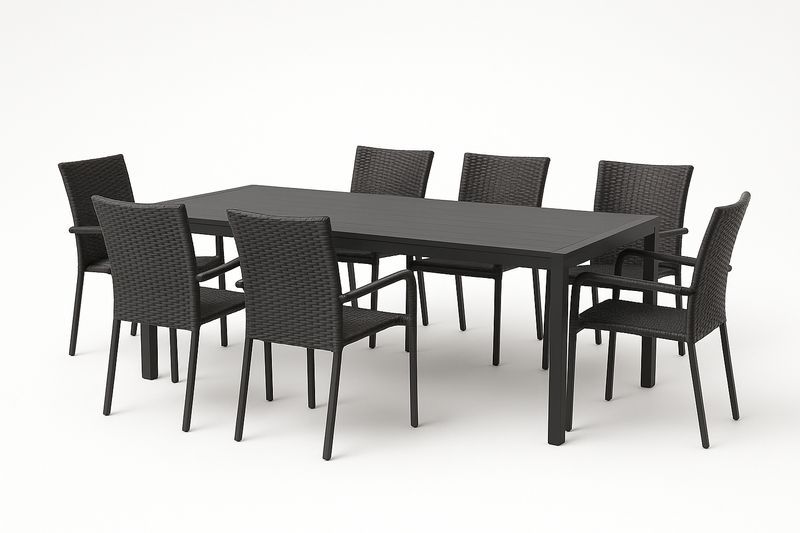 Set Tavolo da Pranzo in Metallo con 7 Sedie in Rattan