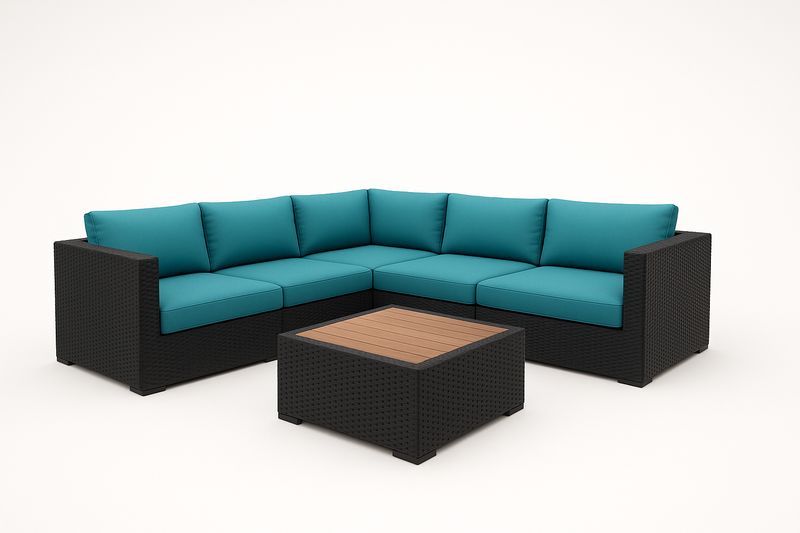 Divano Angolare in Rattan Sintetico Nero con Cuscini Blu e Tavolino Quadrato