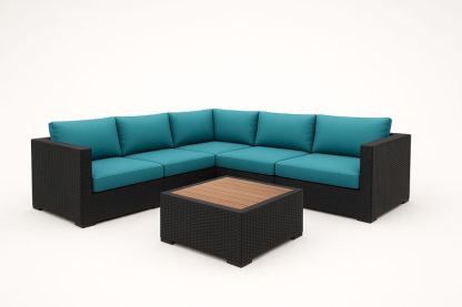 Divano Angolare in Rattan Sintetico Nero con Cuscini Blu e Tavolino Quadrato