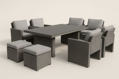 Set da Giardino in Rattan Grigio con Tavolo Rettangolare e Cuscini