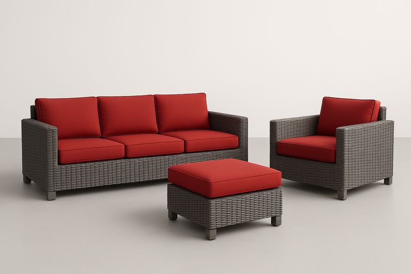 Set Divano Poltrona Poggiapiedi Rattan Sintetico Grigio con Cuscini Rossi