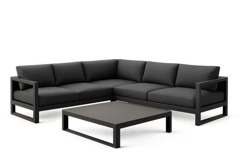 Set divano angolare in tessuto poliestere con struttura in alluminio nero con tavolino