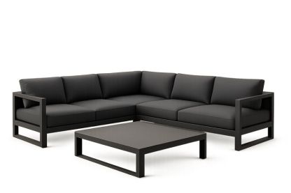 Set divano angolare in tessuto poliestere con struttura in alluminio nero con tavolino