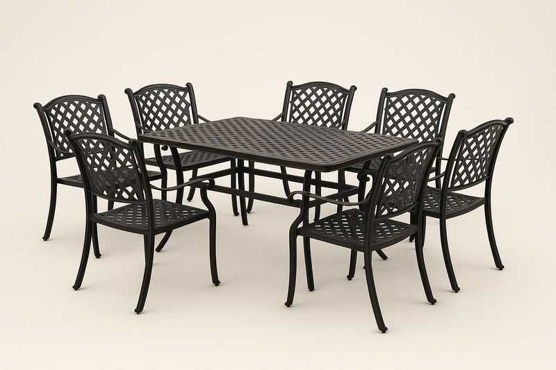 Set tavolo da pranzo rettangolare con 7 sedie in alluminio nero