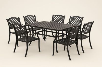 Set tavolo da pranzo rettangolare con 7 sedie in alluminio nero