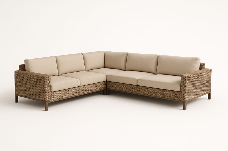 Divano Angolare in Rattan Sintetico Beige con Cuscini in Poliestere