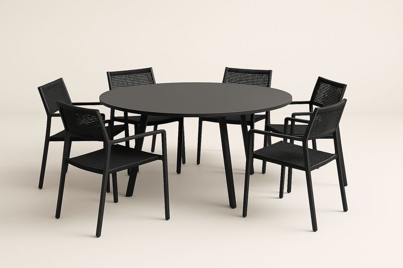 Set tavolo rotondo in alluminio nero con 6 sedie