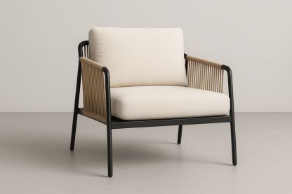 Poltrona in Metallo Nero con Corda Sintetica Beige e Cuscini in Tessuto Crema