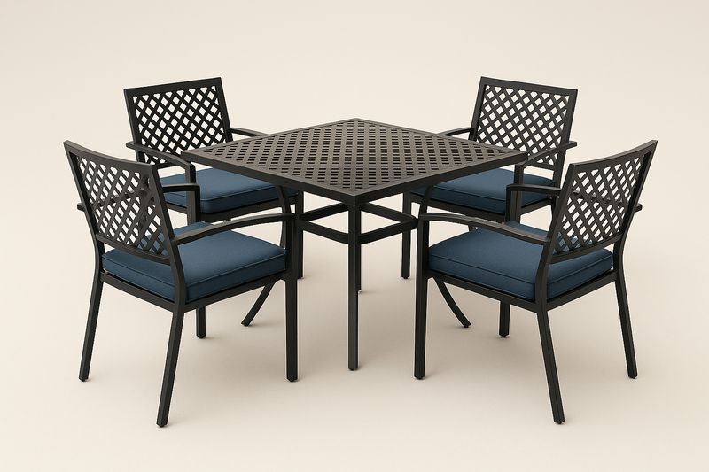 Set tavolo da pranzo quadrato in metallo con 4 sedie e cuscini blu