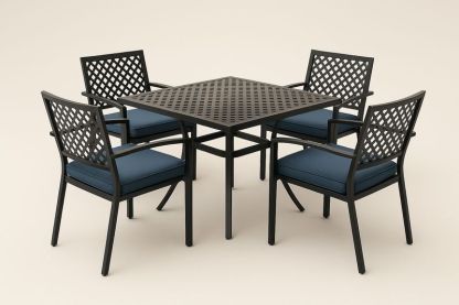 Set tavolo da pranzo quadrato in metallo con 4 sedie e cuscini blu