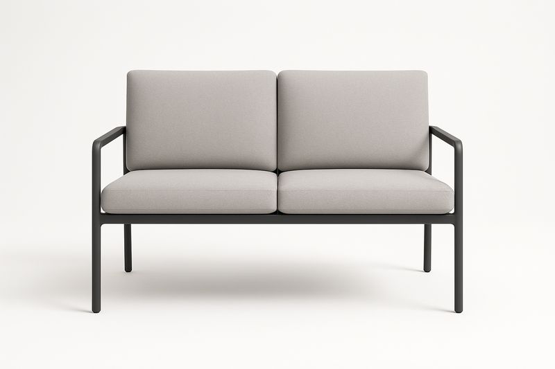Divano 2 posti in metallo con cuscini grigi