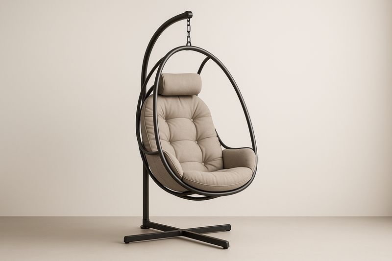 Sedia Sospesa a Uovo in Acciaio e Tessuto Beige
