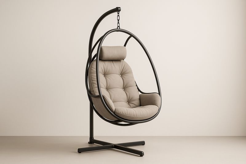Sedia Sospesa a Uovo in Acciaio e Tessuto Beige